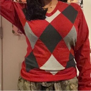 Red and black argyle sweater